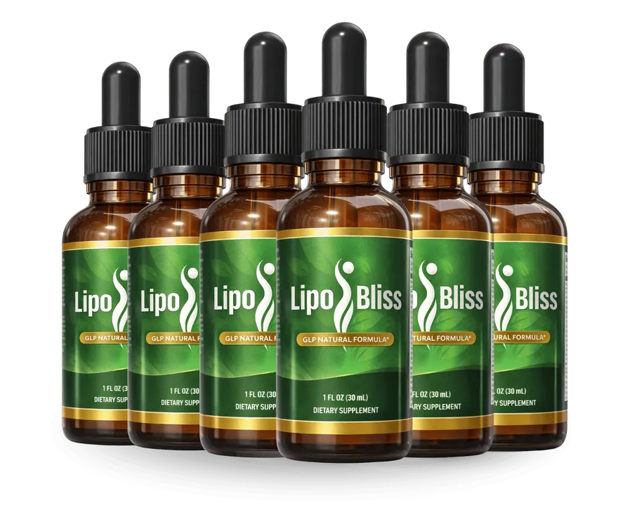 Six 30 mL LipoBliss dropper bottles shown as a six bottle package